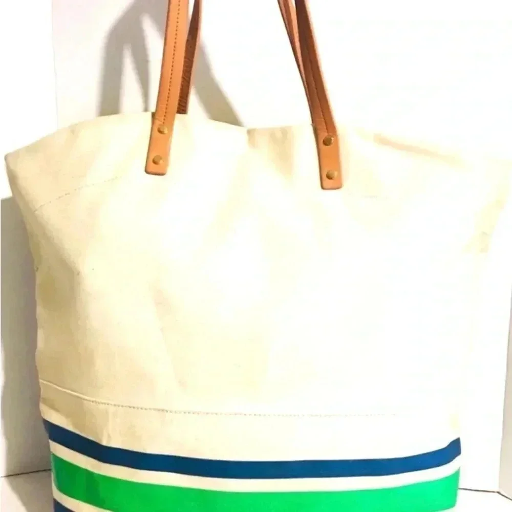 Tory Burch beige/ blue green striped canvas hobo handbag
